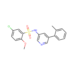 COc1ccc(Cl)cc1S(=O)(=O)Nc1cncc(-c2ccccc2C)c1 ZINC000220913896