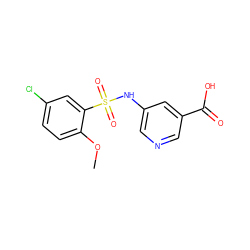 COc1ccc(Cl)cc1S(=O)(=O)Nc1cncc(C(=O)O)c1 ZINC001594098461