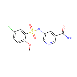 COc1ccc(Cl)cc1S(=O)(=O)Nc1cncc(C(N)=O)c1 ZINC000220888018