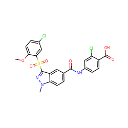 COc1ccc(Cl)cc1S(=O)(=O)c1nn(C)c2ccc(C(=O)Nc3ccc(C(=O)O)c(Cl)c3)cc12 ZINC000299856888