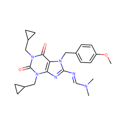 COc1ccc(Cn2c(/N=C/N(C)C)nc3c2c(=O)n(CC2CC2)c(=O)n3CC2CC2)cc1 ZINC000013734442