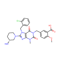 COc1ccc(Cn2c(=O)c3c(nc(N4CCC[C@@H](N)C4)n3Cc3ccccc3Cl)n(C)c2=O)cc1C(=O)O ZINC000299858593