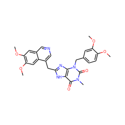 COc1ccc(Cn2c(=O)n(C)c(=O)c3[nH]c(Cc4cncc5cc(OC)c(OC)cc45)nc32)cc1OC ZINC000028882023