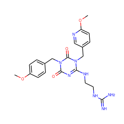 COc1ccc(Cn2c(=O)nc(NCCNC(=N)N)n(Cc3ccc(OC)nc3)c2=O)cc1 ZINC000100091271