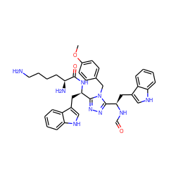 COc1ccc(Cn2c([C@@H](Cc3c[nH]c4ccccc34)NC=O)nnc2[C@@H](Cc2c[nH]c3ccccc23)NC(=O)[C@@H](N)CCCCN)cc1 ZINC000653848916