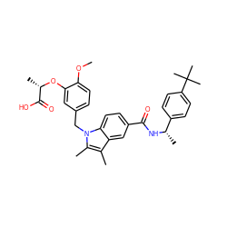 COc1ccc(Cn2c(C)c(C)c3cc(C(=O)N[C@@H](C)c4ccc(C(C)(C)C)cc4)ccc32)cc1O[C@@H](C)C(=O)O ZINC000205978241