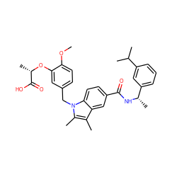 COc1ccc(Cn2c(C)c(C)c3cc(C(=O)N[C@@H](C)c4cccc(C(C)C)c4)ccc32)cc1O[C@@H](C)C(=O)O ZINC000205997375