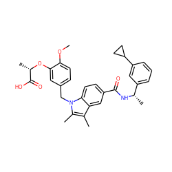 COc1ccc(Cn2c(C)c(C)c3cc(C(=O)N[C@@H](C)c4cccc(C5CC5)c4)ccc32)cc1O[C@@H](C)C(=O)O ZINC000206001307