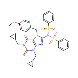 COc1ccc(Cn2c(N(S(=O)(=O)c3ccccc3)S(=O)(=O)c3ccccc3)nc3c2c(=O)n(CC2CC2)c(=O)n3CC2CC2)cc1 ZINC000027552856