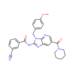 COc1ccc(Cn2c(NC(=O)c3cccc(C#N)c3)nc3cc(C(=O)N4CCCCC4)cnc32)cc1 ZINC000064527905