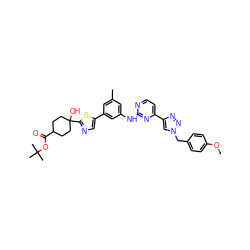 COc1ccc(Cn2cc(-c3ccnc(Nc4cc(C)cc(-c5cnc(C6(O)CCC(C(=O)OC(C)(C)C)CC6)s5)c4)n3)nn2)cc1 ZINC000163886918