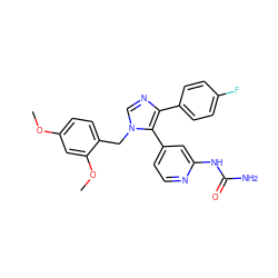 COc1ccc(Cn2cnc(-c3ccc(F)cc3)c2-c2ccnc(NC(N)=O)c2)c(OC)c1 ZINC000167094573