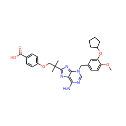 COc1ccc(Cn2cnc(N)c3nc(C(C)(C)COc4ccc(C(=O)O)cc4)nc2-3)cc1OC1CCCC1 ZINC000101499844