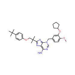 COc1ccc(Cn2cnc(N)c3nc(C(C)(C)COc4ccc(C(C)(C)C)cc4)nc2-3)cc1OC1CCCC1 ZINC000101355781