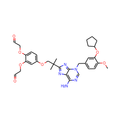 COc1ccc(Cn2cnc(N)c3nc(C(C)(C)COc4ccc(OCC=O)c(OCC=O)c4)nc2-3)cc1OC1CCCC1 ZINC000102216778