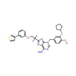 COc1ccc(Cn2cnc(N)c3nc(C(C)(C)COc4cccc(-c5ccsc5)c4)nc2-3)cc1OC1CCCC1 ZINC000101004578