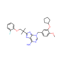 COc1ccc(Cn2cnc(N)c3nc(C(C)(C)COc4ccccc4F)nc2-3)cc1OC1CCCC1 ZINC000101000920
