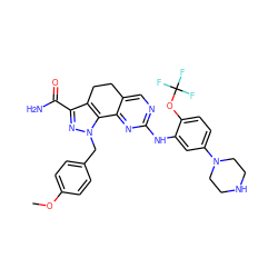 COc1ccc(Cn2nc(C(N)=O)c3c2-c2nc(Nc4cc(N5CCNCC5)ccc4OC(F)(F)F)ncc2CC3)cc1 ZINC000064513932