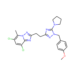 COc1ccc(Cn2nc(CCc3nc4c(Cl)cc(Cl)c(C)n4n3)nc2N2CCCC2)cc1 ZINC000210678919