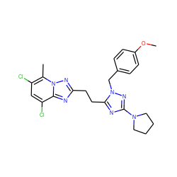 COc1ccc(Cn2nc(N3CCCC3)nc2CCc2nc3c(Cl)cc(Cl)c(C)n3n2)cc1 ZINC000210678877