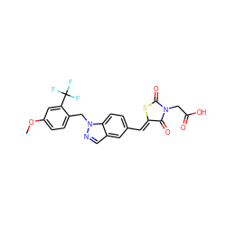 COc1ccc(Cn2ncc3cc(/C=C4\SC(=O)N(CC(=O)O)C4=O)ccc32)c(C(F)(F)F)c1 ZINC000116866660