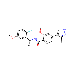 COc1ccc(F)c([C@@H](C)NC(=O)c2ccc(-c3c[nH]nc3C)cc2OC)c1 ZINC001772610548