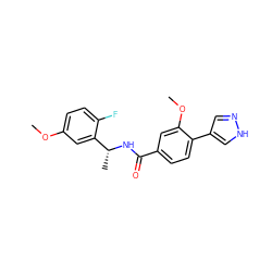 COc1ccc(F)c([C@@H](C)NC(=O)c2ccc(-c3cn[nH]c3)c(OC)c2)c1 ZINC001772589162