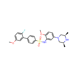 COc1ccc(F)c(-c2ccc(S(=O)(=O)Nc3cc(N4C[C@H](C)N[C@H](C)C4)ccc3OC)cc2)c1 ZINC000029124619