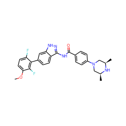 COc1ccc(F)c(-c2ccc3c(NC(=O)c4ccc(N5C[C@H](C)N[C@H](C)C5)cc4)n[nH]c3c2)c1F ZINC001772571003