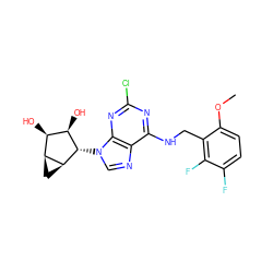 COc1ccc(F)c(F)c1CNc1nc(Cl)nc2c1ncn2[C@H]1[C@H](O)[C@H](O)[C@@H]2C[C@@H]21 ZINC000084603376