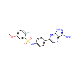 COc1ccc(F)c(S(=O)(=O)Nc2ccc(-c3cnc4c(N)n[nH]c4n3)cc2)c1 ZINC000148931270