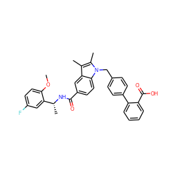 COc1ccc(F)cc1[C@@H](C)NC(=O)c1ccc2c(c1)c(C)c(C)n2Cc1ccc(-c2ccccc2C(=O)O)cc1 ZINC000199336045