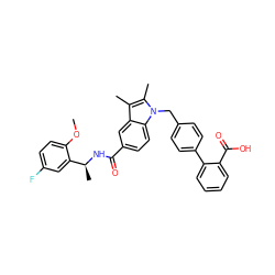 COc1ccc(F)cc1[C@H](C)NC(=O)c1ccc2c(c1)c(C)c(C)n2Cc1ccc(-c2ccccc2C(=O)O)cc1 ZINC000199335806