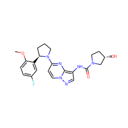 COc1ccc(F)cc1[C@H]1CCCN1c1ccn2ncc(NC(=O)N3CC[C@H](O)C3)c2n1 ZINC000118394991