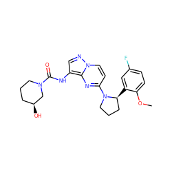 COc1ccc(F)cc1[C@H]1CCCN1c1ccn2ncc(NC(=O)N3CCC[C@H](O)C3)c2n1 ZINC000118397717