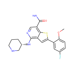COc1ccc(F)cc1-c1cc2c(N[C@H]3CCCNC3)ncc(C(N)=O)c2s1 ZINC000064573398