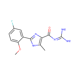 COc1ccc(F)cc1-c1nc(C(=O)N=C(N)N)c(C)[nH]1 ZINC000045506036