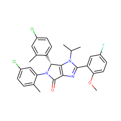 COc1ccc(F)cc1-c1nc2c(n1C(C)C)[C@@H](c1ccc(Cl)cc1C)N(c1cc(Cl)ccc1C)C2=O ZINC000169705359