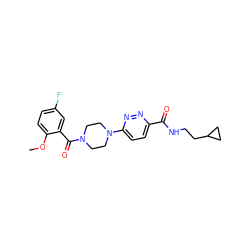 COc1ccc(F)cc1C(=O)N1CCN(c2ccc(C(=O)NCCC3CC3)nn2)CC1 ZINC000095594824