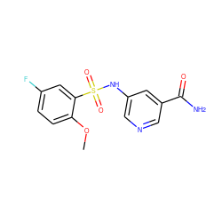 COc1ccc(F)cc1S(=O)(=O)Nc1cncc(C(N)=O)c1 ZINC000220899032