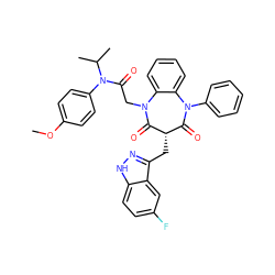 COc1ccc(N(C(=O)CN2C(=O)[C@@H](Cc3n[nH]c4ccc(F)cc34)C(=O)N(c3ccccc3)c3ccccc32)C(C)C)cc1 ZINC000026656742