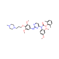 COc1ccc(N(C(=O)Oc2c(C)cccc2C)c2ccnc(Nc3cc(OC)c(OCCCN4CCN(C)CC4)c(OC)c3)n2)c(OC)c1 ZINC000024815575