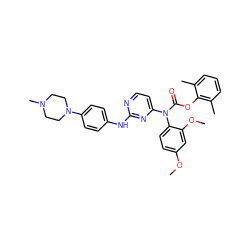 COc1ccc(N(C(=O)Oc2c(C)cccc2C)c2ccnc(Nc3ccc(N4CCN(C)CC4)cc3)n2)c(OC)c1 ZINC000014965418