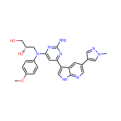 COc1ccc(N(C[C@H](O)CO)c2cc(-c3c[nH]c4ncc(-c5cnn(C)c5)cc34)nc(N)n2)cc1 ZINC000169700744