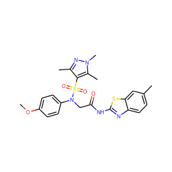 COc1ccc(N(CC(=O)Nc2nc3ccc(C)cc3s2)S(=O)(=O)c2c(C)nn(C)c2C)cc1 ZINC000006578026