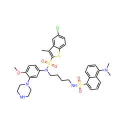 COc1ccc(N(CCCCNS(=O)(=O)c2cccc3c(N(C)C)cccc23)S(=O)(=O)c2sc3ccc(Cl)cc3c2C)cc1N1CCNCC1 ZINC000095544846