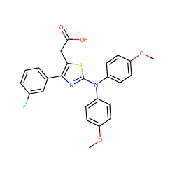 COc1ccc(N(c2ccc(OC)cc2)c2nc(-c3cccc(F)c3)c(CC(=O)O)s2)cc1 ZINC000049111851