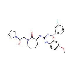 COc1ccc(N/C(=N\C(=O)c2cccc(F)c2)N[C@H]2CCCCN(CC(=O)N3CCCC3)C2=O)cc1 ZINC000040395795