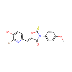 COc1ccc(N2C(=O)/C(=C/c3ccc(O)c(Br)n3)OC2=S)cc1 ZINC000084619762