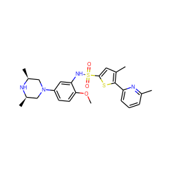 COc1ccc(N2C[C@H](C)N[C@H](C)C2)cc1NS(=O)(=O)c1cc(C)c(-c2cccc(C)n2)s1 ZINC000095598593